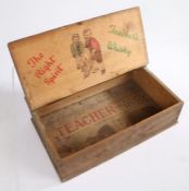 Teacher's Whisky advertising pine box, the hinged lid with a scene of two boys playing cricket and