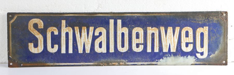 German enamel sign 'Schwalbenweg', with white lettering on blue ground, 60cm long