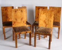 Set of six burr maple veneered dining chairs, in the Art Deco taste, each with rectangular back