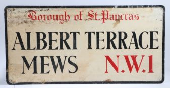 Enamel street sign, Borough of St. Pancras, Albert Terrace Mews, N.W.1., in red and black