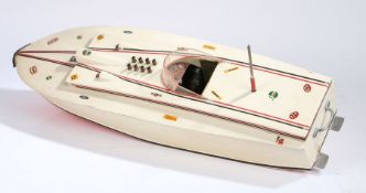 Scratch built petrol speed boat, painted in white with orange hull, applied with advertising