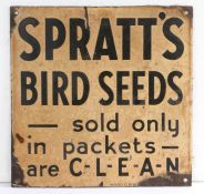 Spratt's Bird Seeds enamel sign, with black lettering, 30.5cm square