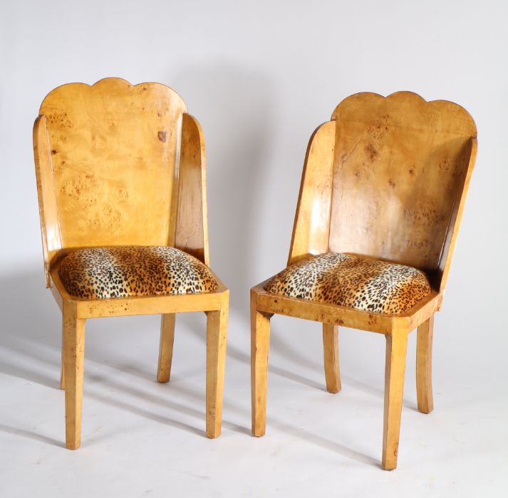 Pair of maple veneered chairs, in the Art Deco taste, having shaped back rest and leopard print