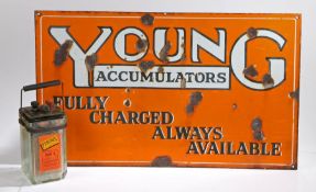 Young Accumulators enamel sign, in white and black lettering on an orange ground, 76cm wide, 46cm