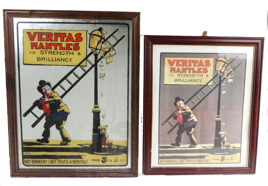 Advertising mirror, "VERITAS MANTLES FOR STRENGTH AND BRILLIANCE", with central depiction of a