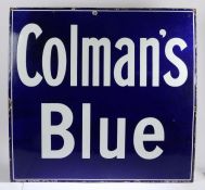 Colman's Blue enamel advertising sign, white lettering on blue ground, 96cm wide, 91cm high