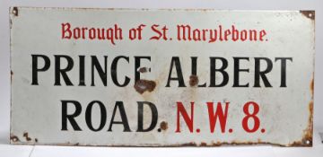 Enamel street sign, for Borough of St. Marylebone, Prince Albert Road, N.W.8., in red and black