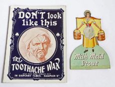 Toothache Wax advertising show card, depicting a grimacing gentleman, 18.5cm x 25cm, Milk Maid Stout