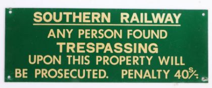 Southern Railway trespassing sign, in white lettering on green ground, 28cm long