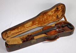German full size Violin circa 1800, unlabelled, single piece back, with  case.