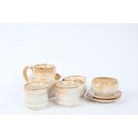 Studio pottery tea set, St Nectans Cornwall, consisting of two cups, two saucers, tea pot, sugar