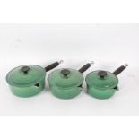 Set of three Le Creuset graduating saucepans, in green (3)