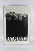 Jaguar photographic poster print, in black and white, housed in a metal and glazed frame, 89cm tall,