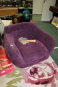 Modern purple upholstered armchair, with button back rest, 98cm wide