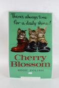 Reproduction advertising sign on metal, "Cherry Blossom Shoe Polish", 70.5cm tall, 45cm wide