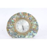 Mid 20th century abalone inset mantel clock, the dial with arabic numerals, 18cm wide