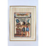 Pair of Egyptian revival paintings on papyrus, each housed in gilt and glazed frames, 67cm high,