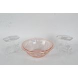 Moulded puce glass bowl with fleur de lis decoration, 21cm diameter, pair of moulded two branch