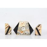 Art Deco three piece pottery clock garniture, with marble effect, the clock 17cm tall