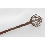 Large industrial wooden and metal whisk, probably French, 80cm long, and a wooden and metal wine