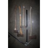 Three wooden handled axes, a sledgehammer, two shoe lasts and a pair of lawn edgers (7)