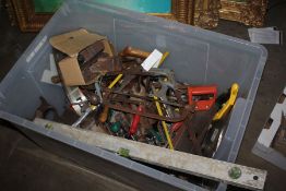 Large container of various tools, spirit level, planes etc., (qty)