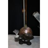 Set of kitchen scales and weights, and a Victorian copper warming pan (2)