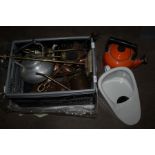 Box containing Le Creuset kettle, slipper bed pan, copper and brassware, aluminium cooking tray