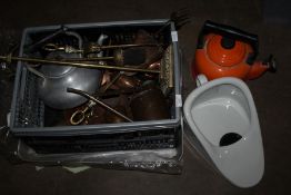 Box containing Le Creuset kettle, slipper bed pan, copper and brassware, aluminium cooking tray