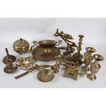 Collection of mostly brass ware, to include candlesticks, letter box, trays, ornaments etc., (qty)