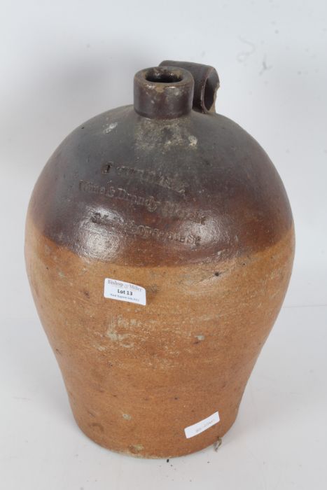 Stoneware flagon, impressed 'I Currall, Wine & Brandy Merchant, 35 Bishopsgate St., no makers marks,