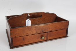 Unusual pine maid's tidy/cutlery tray, with carrying handle, single drawer and twin compartments,