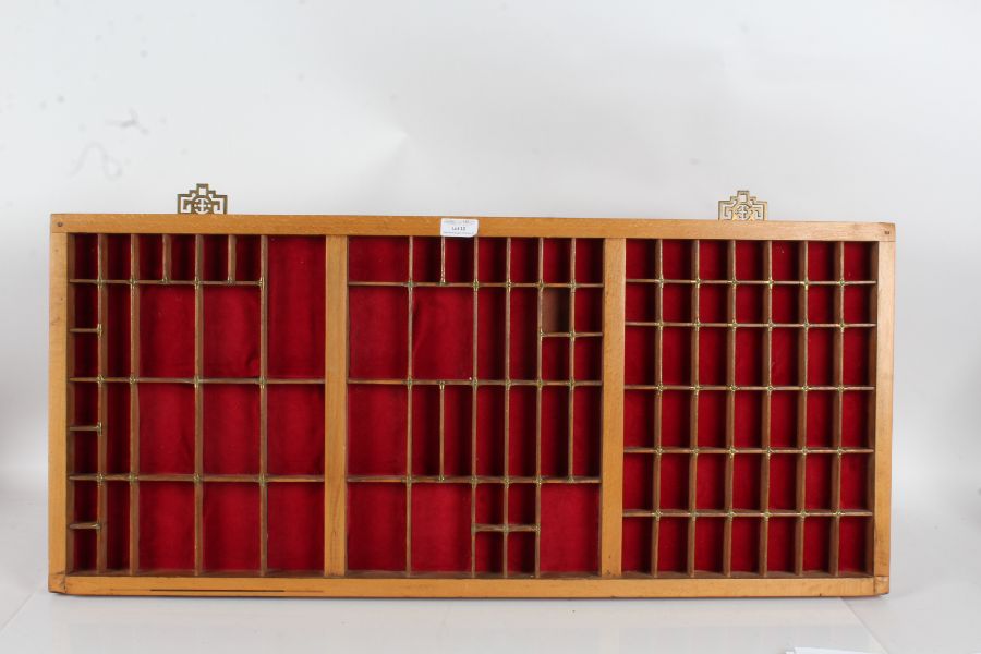 Large hanging display case with various sized sections, 83cm wide 37cm high