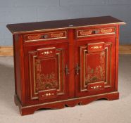 Mahogany effect side cupboard, gilt decorated in the Chinese style, fitted two short drawers above a