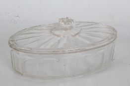 1920's pressed glass dish and lid, advertising "C.W.S., Jennie, Herrings in Tomato Sauce",