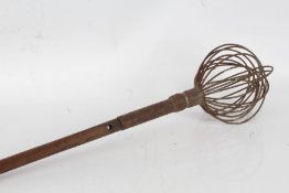 Large industrial wooden and metal whisk, probably French, 80cm long, and a wooden and metal wine