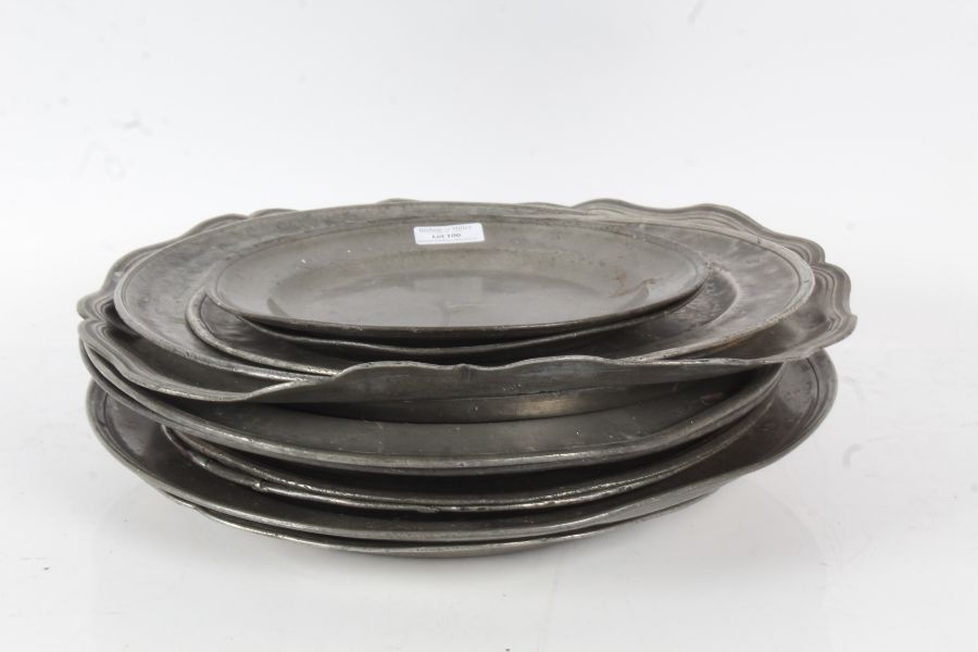 Collection of 18th and 19th century pewter plates and chargers, some impressed marks to the base (