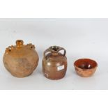 19th century stoneware jug, with a brown speckled glazed bulbous body and twin handles together with