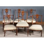Set of six Edwardian chairs, with an arched pediment with a pierced back with marquetry inlaid of