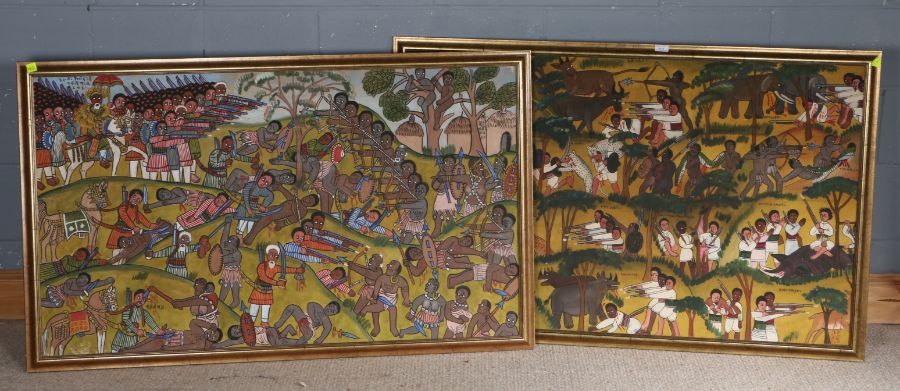 Pair of Ethiopian school studies, one depicting many hunting scenes the other depicting a battle