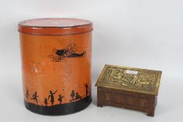 Jacob & Co. advertising biscuit tin, in the form of a brass lidded wooden chest, and a large 1930'