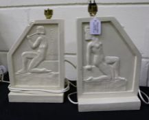 Pair of Egyptian revival ceramic lamps, each with moulded figures, stamped J. Mercier, with