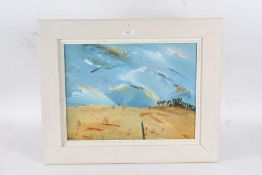 20th century British School, study of flying birds over a field, indistinctly signed oil on board,