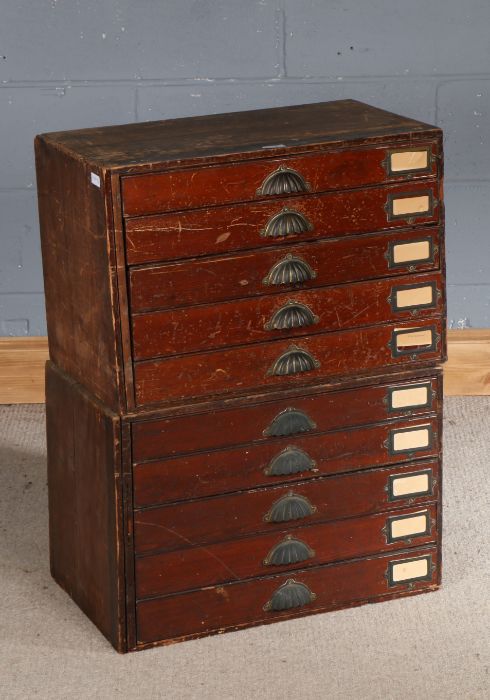 Pair of 20th century filing cabinets each with five long draws and shell handles, 59cm wide 40cm