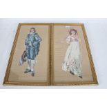 Pair of needlework embroideries, each depicting figures in 18th century costume, each with label