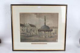 19th century print Cross & Moot Hall Ipswich housed within a gilt and ebonised frame, 77cm 67cm