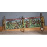 Polychrome painted panel possibly off a wagon, depicting a scene of soldiers fighting a dragon,