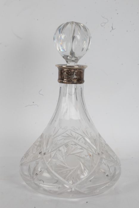 20th century ships decanter with a silver cap Birmingham 1987, with a cut glass body with foliate