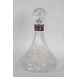 20th century ships decanter with a silver cap Birmingham 1987, with a cut glass body with foliate