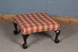 Mahogany foot stool, of square form, raised on claw on ball legs, 55cm square